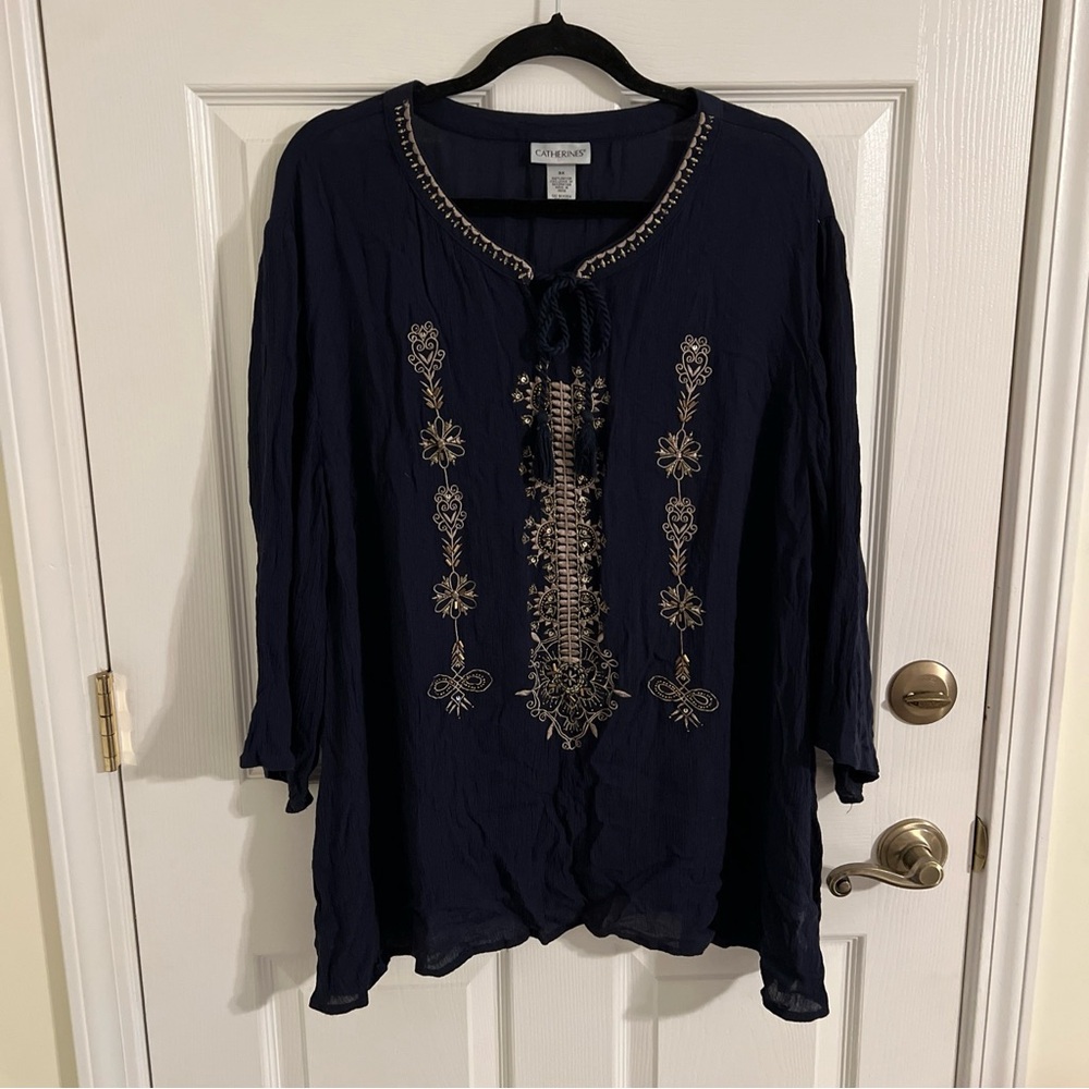 Catherines top plus sz 3X navy blue gold embroidery rayon 3/4 sleeve
